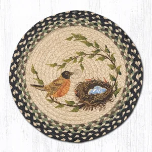 Hand Stenciled Jute Chair Pad with Robins Nest Design 15.5" Round
