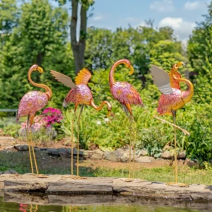 Set of 4 42" Tall Metallic Pink Iron Flamingo Outdoor Decorations