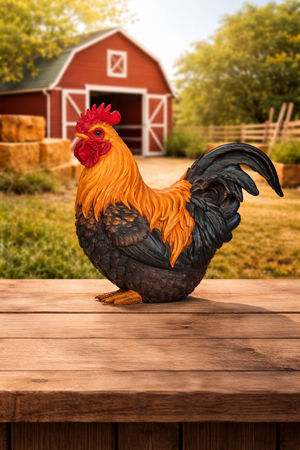 Squatting Rooster Garden Statue