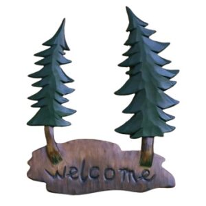 Welcome Pine Tree Intarsia Wood Wall Art – 14" x 14"