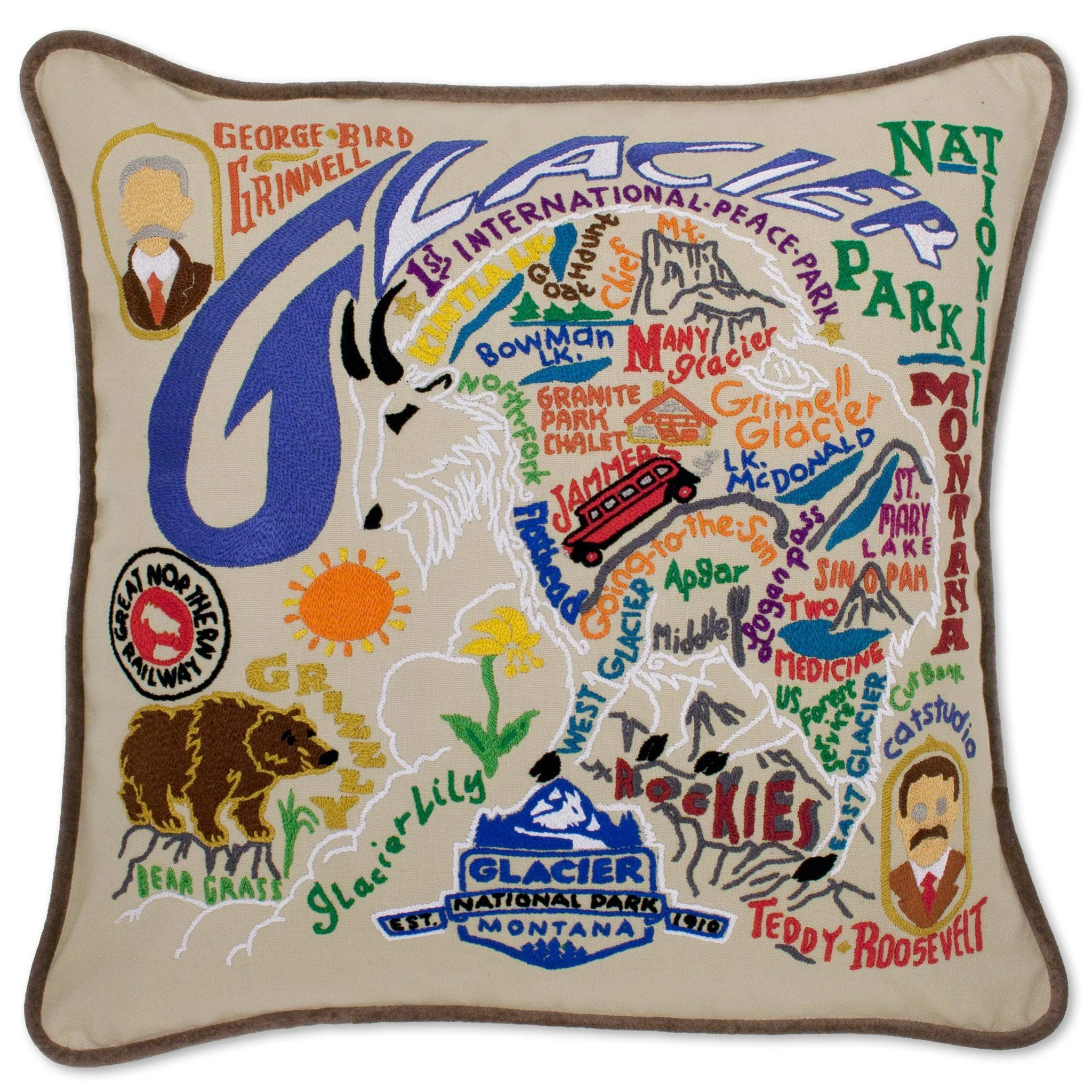 Glacier Park Hand-Embroidered Pillow - 20 x 20 Inches