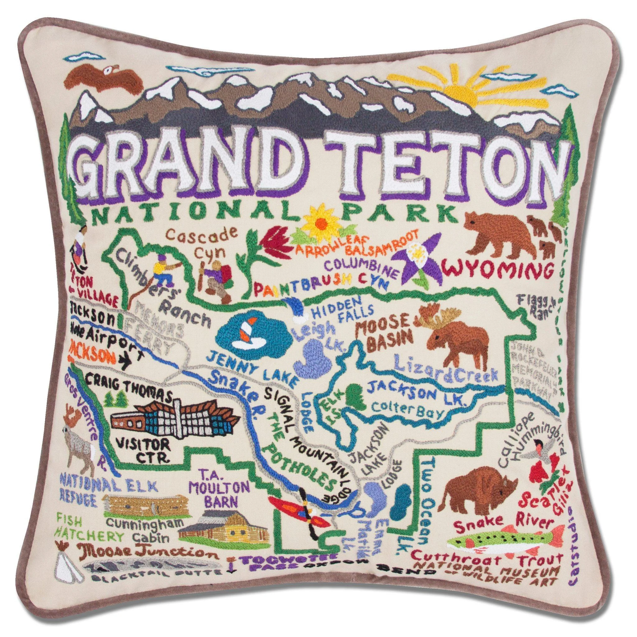 Grand Teton Hand-Embroidered Pillow - 20 x 20 Inches