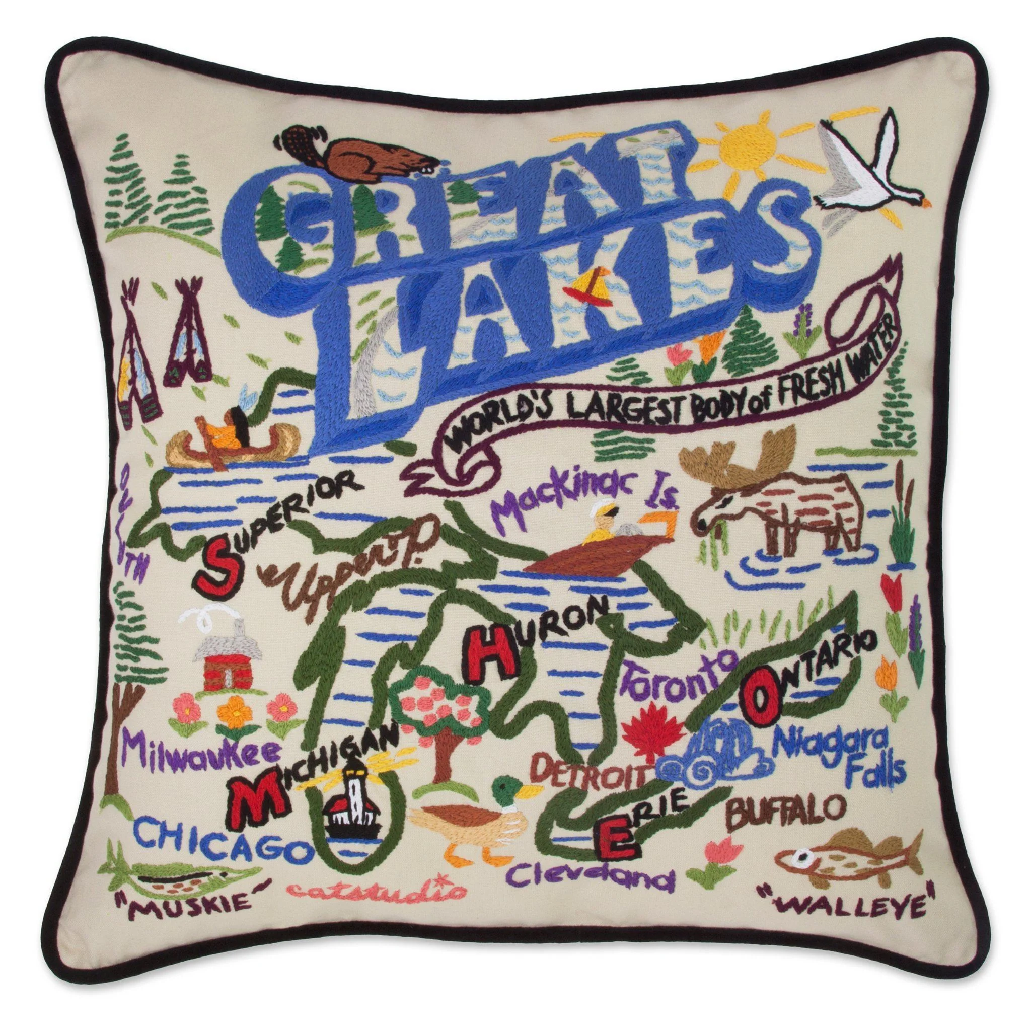 Great Lakes Hand-Embroidered Pillow - 20 x 20 Inches