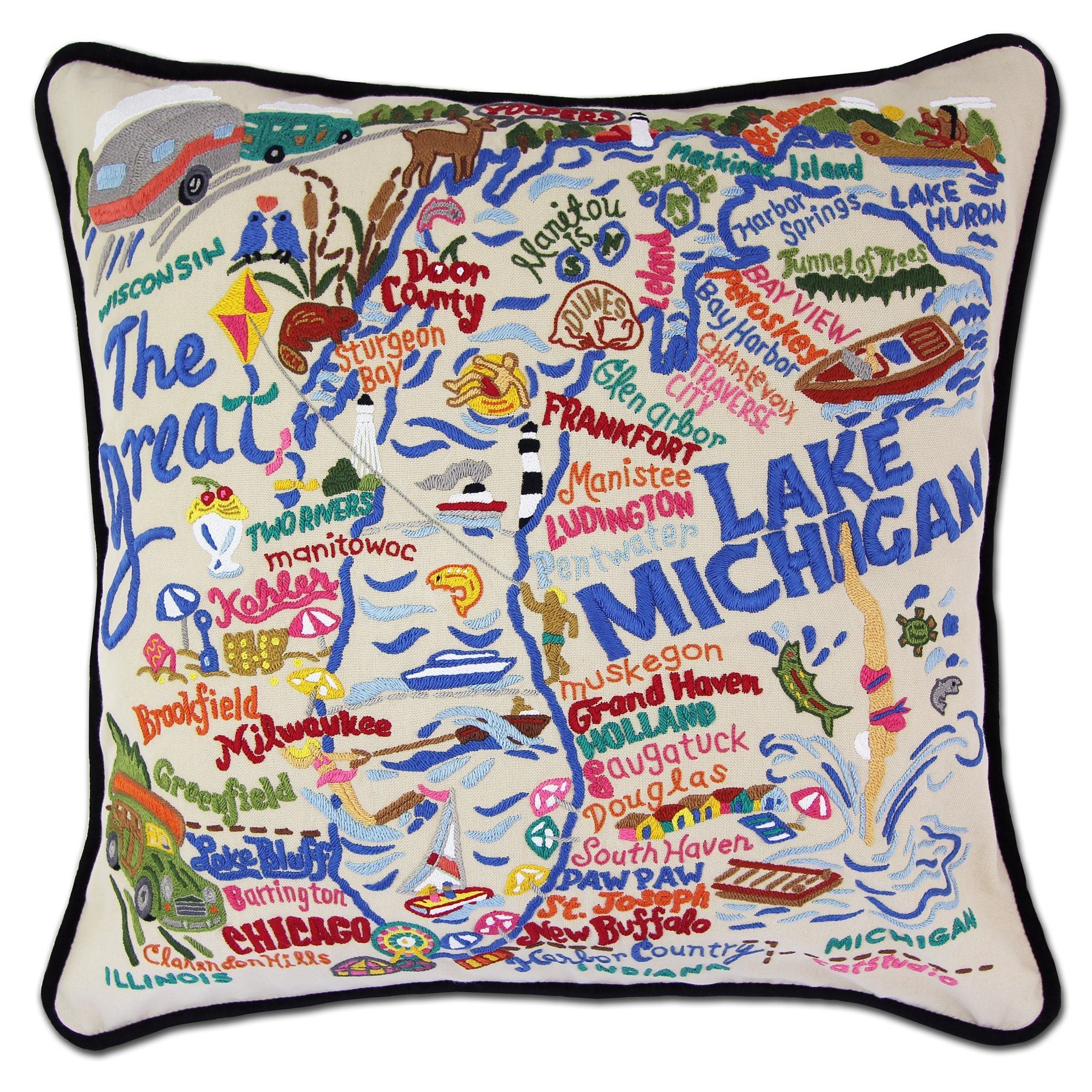 Lake Michigan Hand-Embroidered Pillow - 20 x 20 Inches