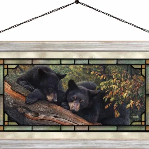 Mom’s Awaiting - Black Bears - 13" x 23" Stained Glass Art