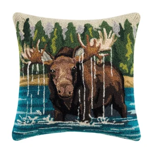 Moose in the Lake Hook Pillow 18x18