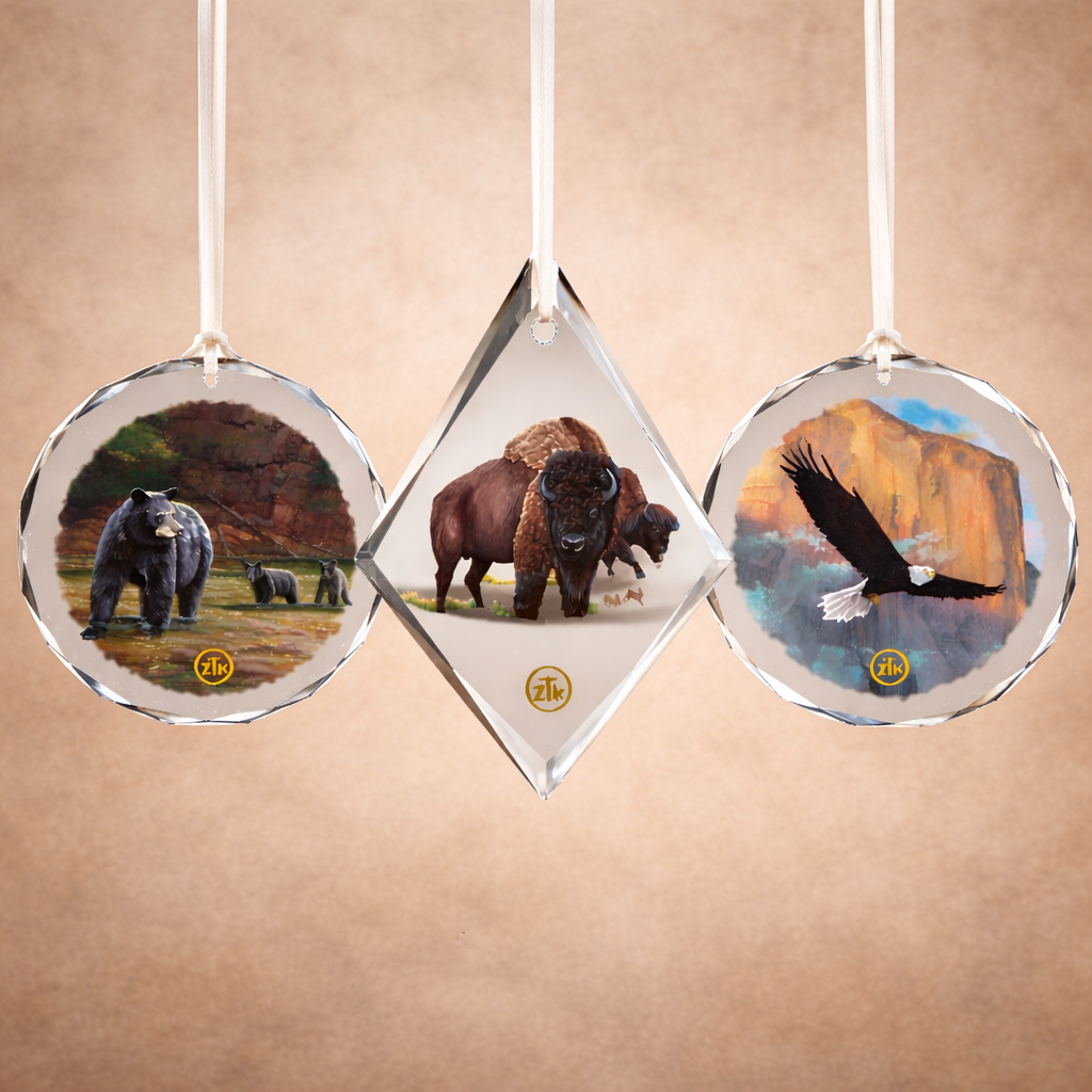 Rustic American Wildlife Glass Ornament Set - Set of 3
