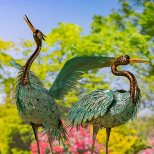 Set of 2 Tall Black & Teal Heron Figurines Freestanding Garden Bird Sculptures