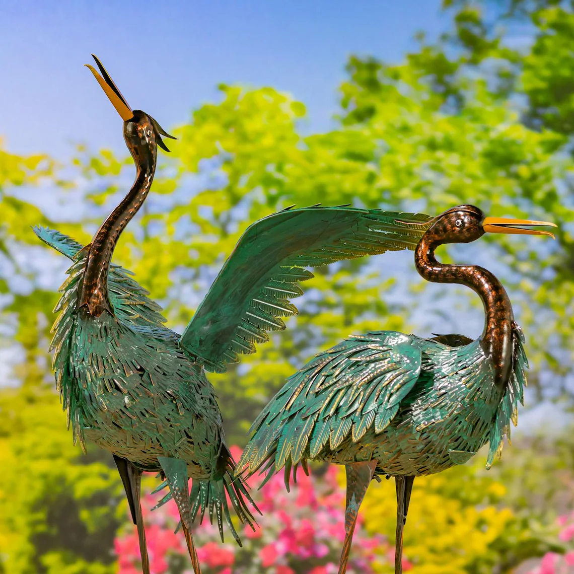 Set of 2 Tall Black & Teal Heron Figurines Freestanding Garden Bird Sculptures
