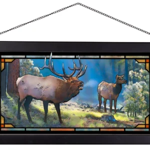 Spirited Exchange - Elk - 13" x 23" Stained Glass Art