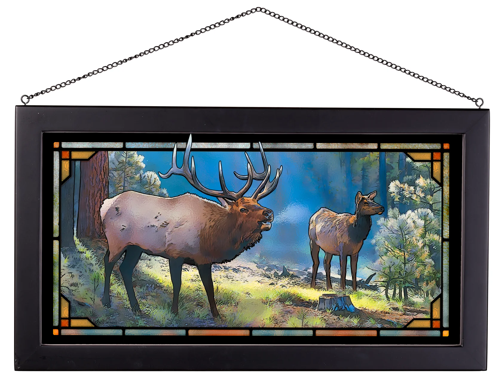 Spirited Exchange - Elk - 13" x 23" Stained Glass Art