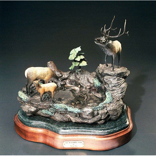The Watering Hole - Elk Family - Bronze Sculpture by Barry Stein Sculptures