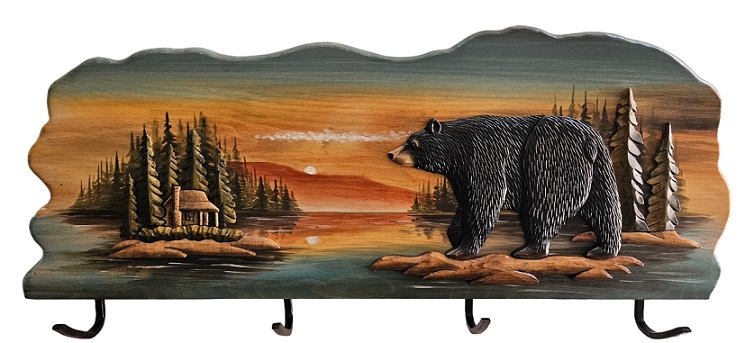 Walking Bear and Cabin Intarsia Wood Coat Rack - 30″x 11″