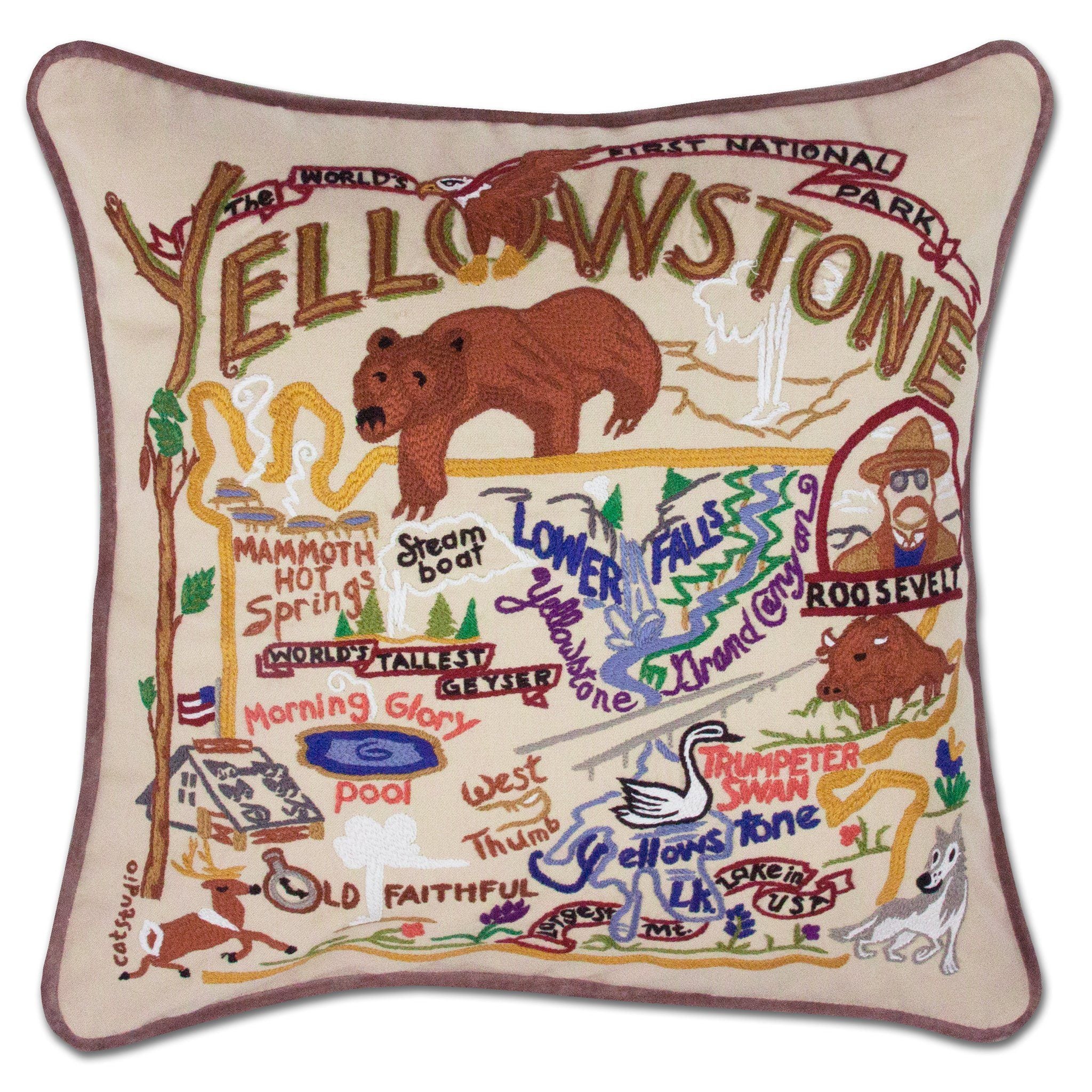 Yellowstone Hand-Embroidered Pillow - 20 x 20 Inches