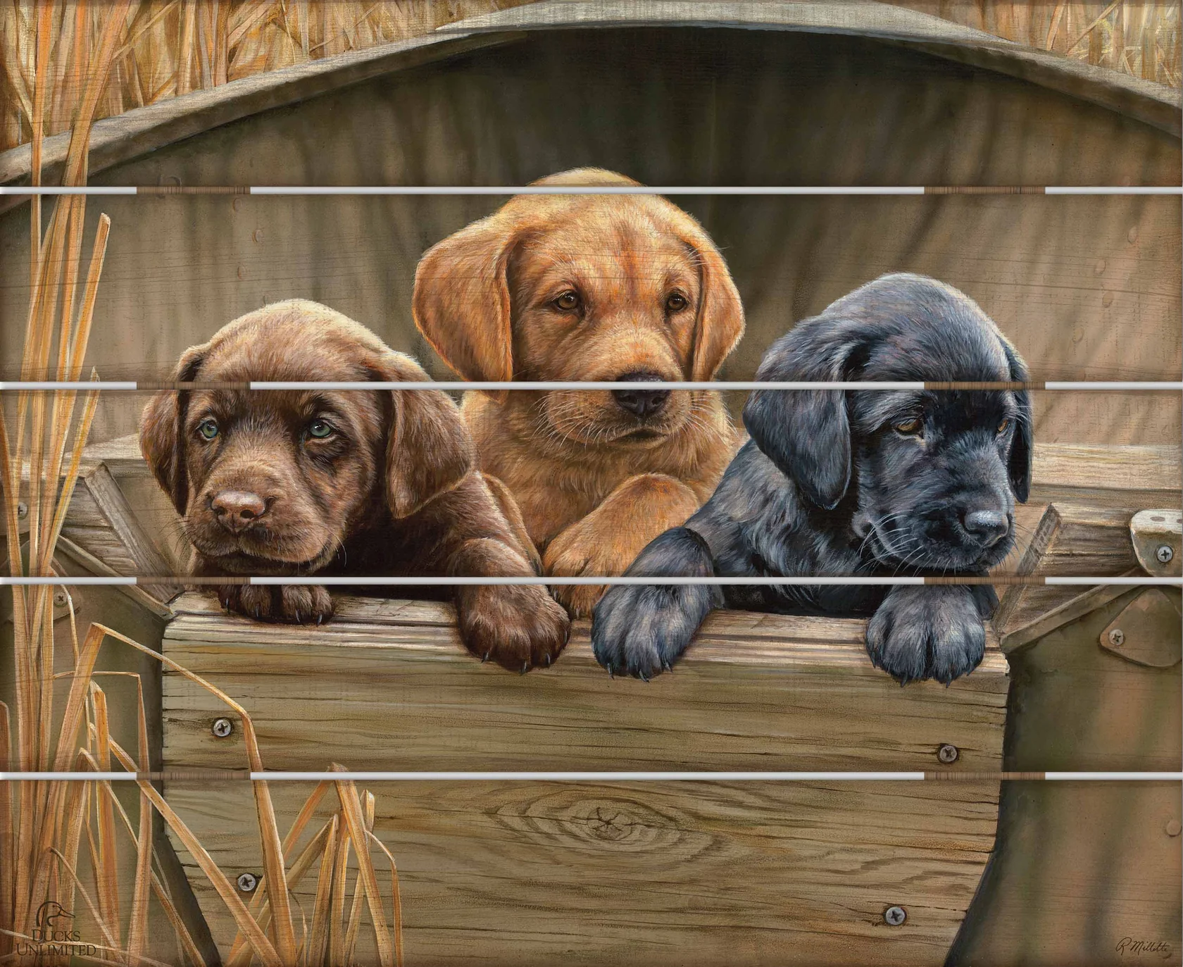 All Hands on Deck 18" x 22" Pallet Wall Art - Lab Puppies - Official Ducks Unlimited Art