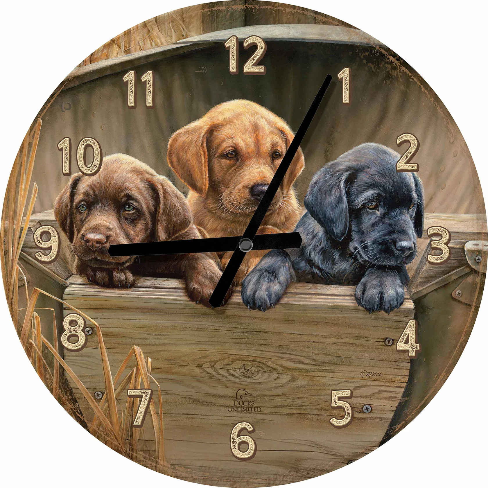 All Hands on Deck 21" Round Clock - Lab Puppies - Official Ducks Unlimited Art
