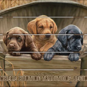 All Hands on Deck "Where Hunting Traditions Begin" 18" x 22" Pallet Wall Art - Lab Puppies - Official Ducks Unlimited Art