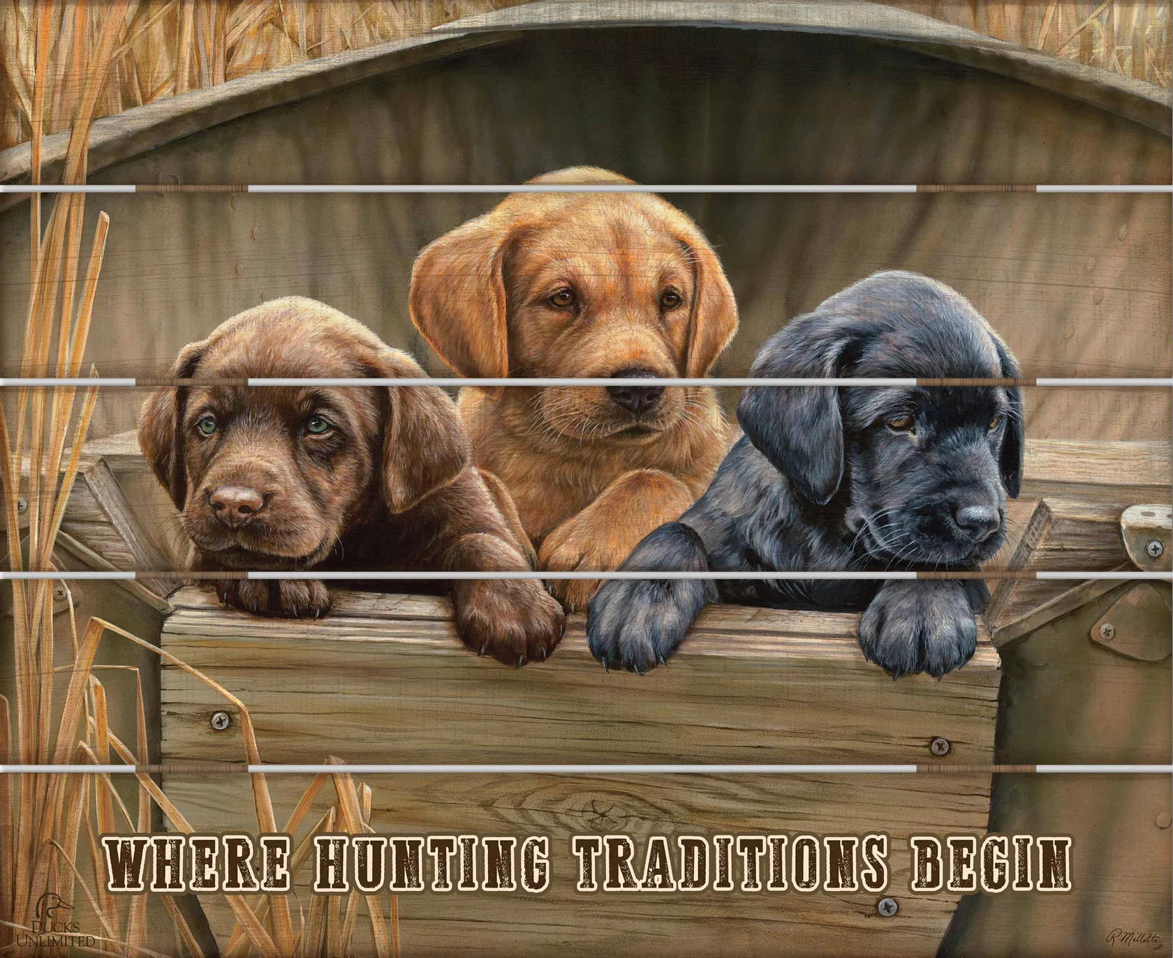 All Hands on Deck "Where Hunting Traditions Begin" 18" x 22" Pallet Wall Art - Lab Puppies - Official Ducks Unlimited Art