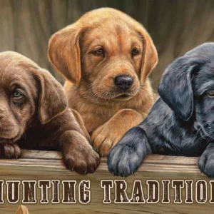 All Hands on Deck "Where Hunting Traditions Begin" 12" x 30" Wood Sign - Lab Puppies - Official Ducks Unlimited Art