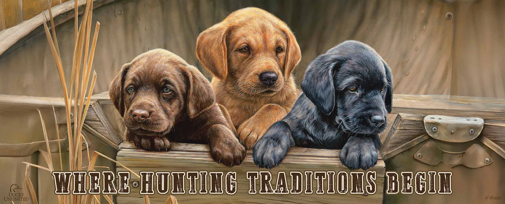 All Hands on Deck "Where Hunting Traditions Begin" 12" x 30" Wood Sign - Lab Puppies - Official Ducks Unlimited Art