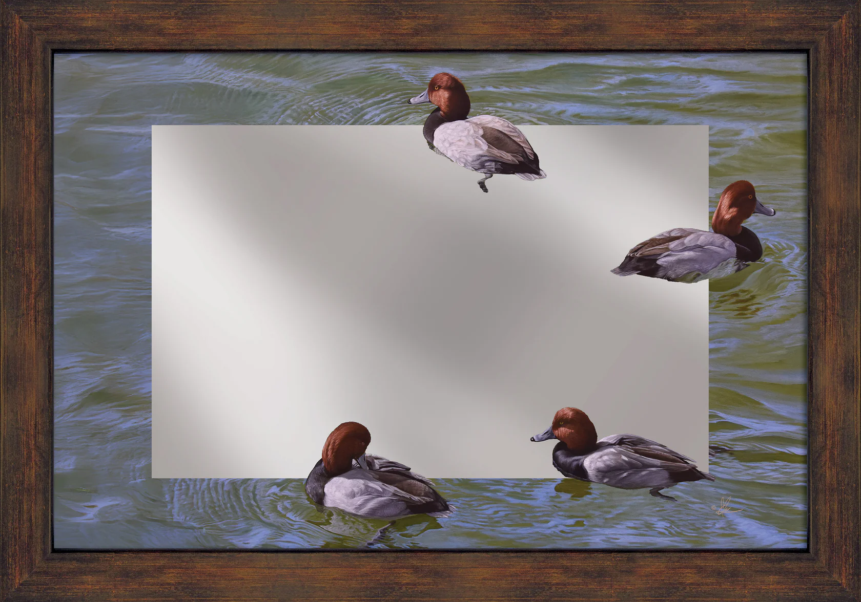 Black and Red on Green - Redhead Ducks - 16" x 24" Mirror Framed Barnwood