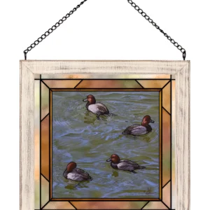 Black and Red on Green - Redhead Ducks - 20" x 20" Stained Glass Art