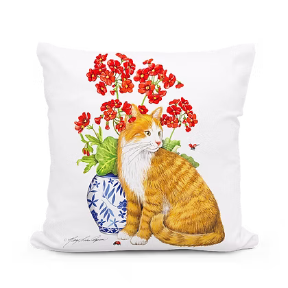 Cat with Red Geraniums Pillow