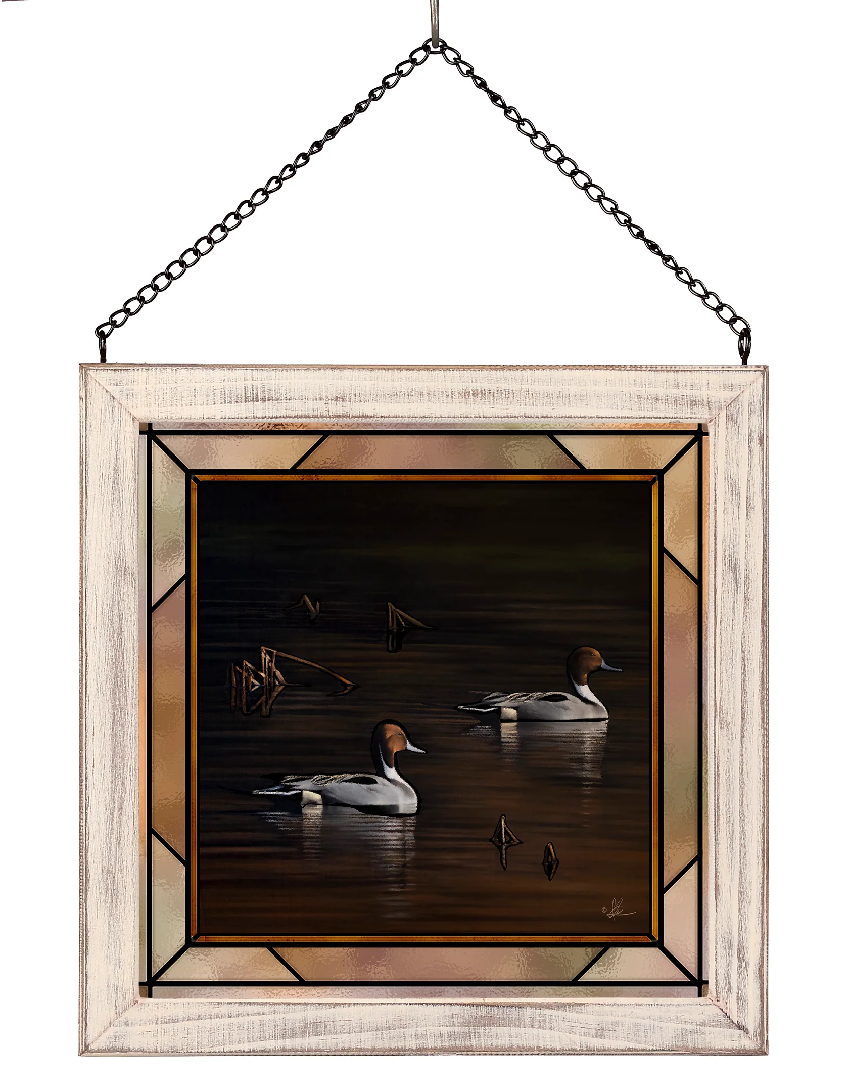 Chasing the Setting Sun - Northern Pintail - 20″ x 20″ Stained Glass Art