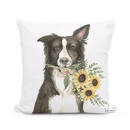 Collie with Sunflower Bouquet Pillow