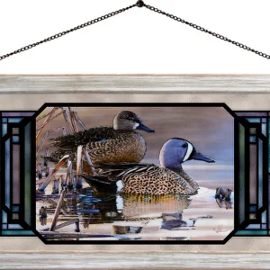 Early Morning Blues - Blue-winged Teal - 13" x 23" Stained Glass Art