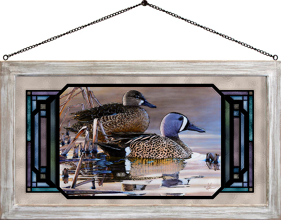 Early Morning Blues - Blue-winged Teal - 13" x 23" Stained Glass Art
