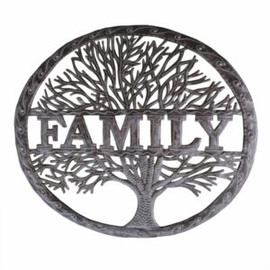 Family Tree Oval with Border - Recycled Steel Drum Wall Art 15.5" x 13.5"