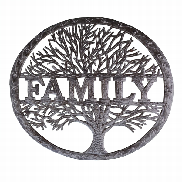 Family Tree Oval with Border - Recycled Steel Drum Wall Art 15.5" x 13.5"