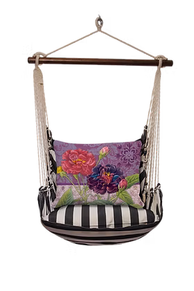Hammock Swing 4-piece Set - True Black Stripe with Roses on Purple Pillow