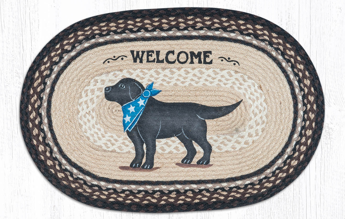 Hand Stenciled Black Lab Oval Patch Braided Rug 20"x30"