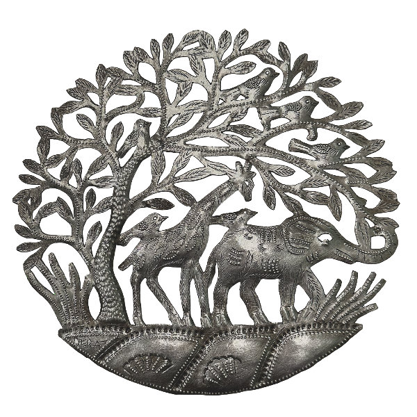 Mini Safari Scape - Elephants and Giraffes - Recycled Steel Drum Wall Art 9.5"
