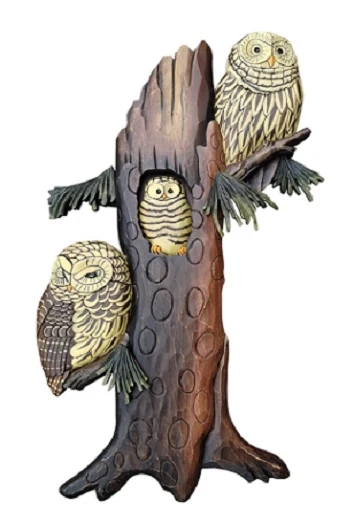 Owl Family in Tree Intarsia Wood Wall Art β 14" x 24"