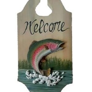 Rainbow Trout Welcome Intarsia Wood Wall Art - 12" x 24"