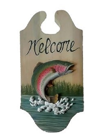 Rainbow Trout Welcome Intarsia Wood Wall Art - 12" x 24"