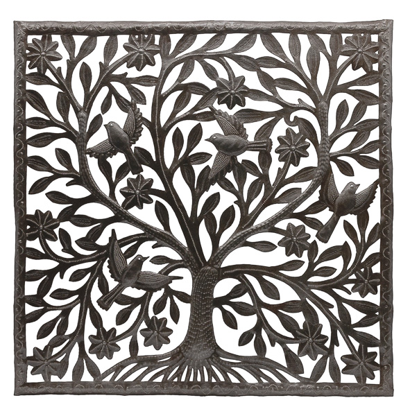 Tree of Life Square with Border - Recycled Steel Drum Wall Art 24.25"