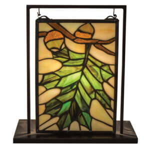 Acorn & Oak Leaf Lighted Mini Tabletop Stained Glass Window – 9.5" W x 10.5" H