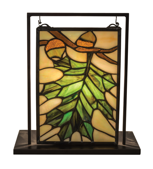Acorn & Oak Leaf Lighted Mini Tabletop Stained Glass Window – 9.5" W x 10.5" H