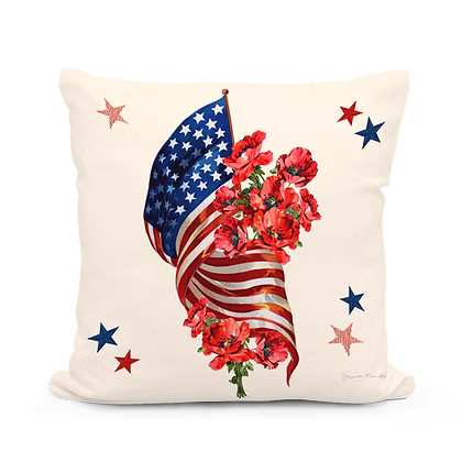 American Flag with Poppy Bouquet Pillow