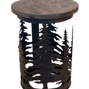 Burnt Sienna Iron Cylinder End Table with Feather Tree Accent – Rough Sawn Top