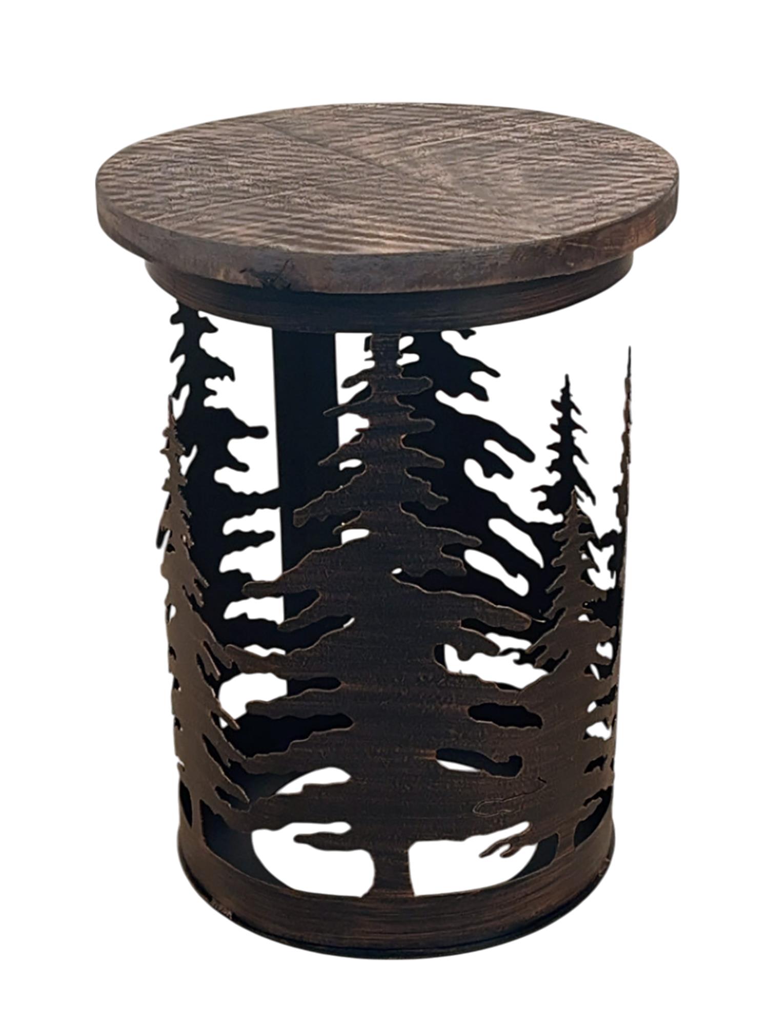 Burnt Sienna Iron Cylinder End Table with Feather Tree Accent – Rough Sawn Top