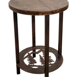 Burnt Sienna Round End Table with Tree Scene - Rough Sawn Top