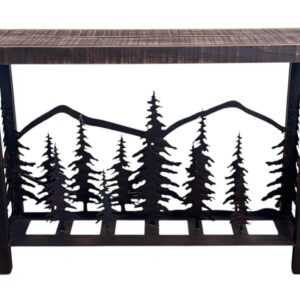 Burnt Sienna Rustic Iron 3D Sofa Table with Feather Tree Accent – Rough Stain Finish
