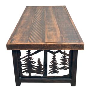Burnt Sienna Rustic Iron Coffee Table with Tree Scene Accents