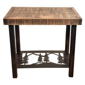 Burnt Sienna Rustic Iron Rectangle Side Table with Tree Scene Accent