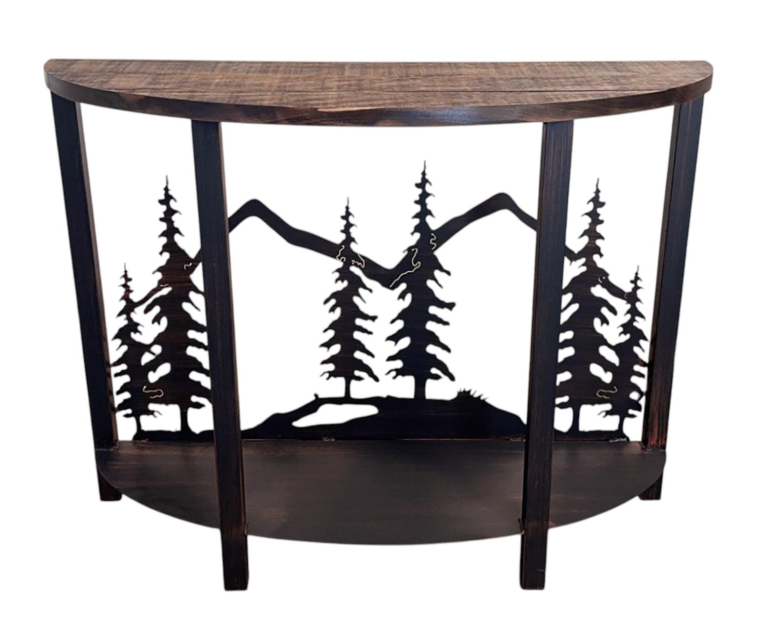 Burnt Sienna Rustic Rounded 3D Sofa Table with Feather Tree Scene - Rough Stain Finish
